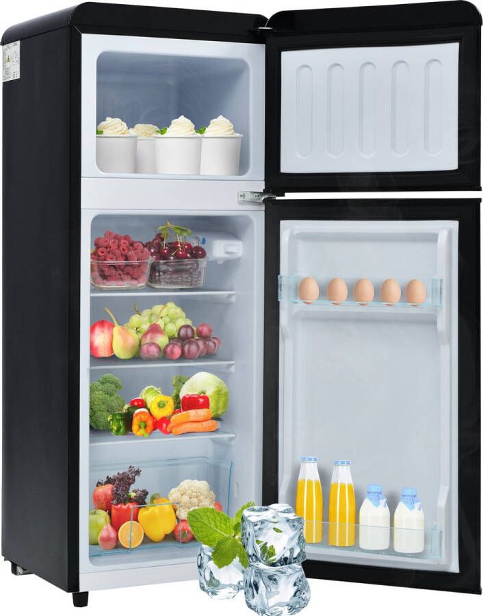 Sweiko Koel-vriescombinatie Retro koelkast 105.5*41cm tweedeurs 92 liter totaalvolume met 28 liter vriesvolume 181 kWh jaar -27°C ~13°C LED-licht [Energieklasse F]
