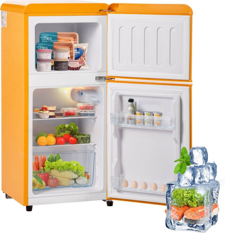Sweiko Mini koelkast Koel-vriescombinatie Retro koelkast 86.8*45.5 cm dubbele deur Totaal volume van 60L Vrieskamer capaciteit van 22L 163 kWh jaar -27° C~13° C LED licht Geel Energieniveau F