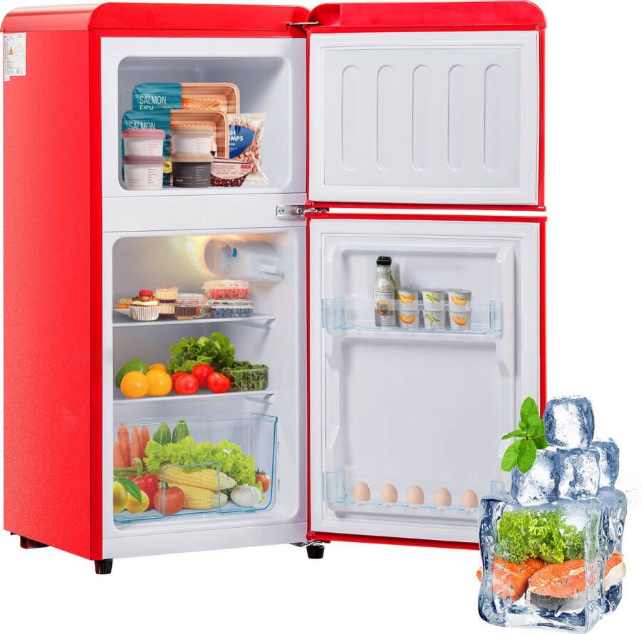 Sweiko Mini koelkast Koel-vriescombinatie Retro koelkast 86.8*45.5 cm dubbele deur Totaal volume van 60L Vrieskamer capaciteit van 22L 163 kWh jaar -27° C~13° C LED licht Rood Energieniveau F