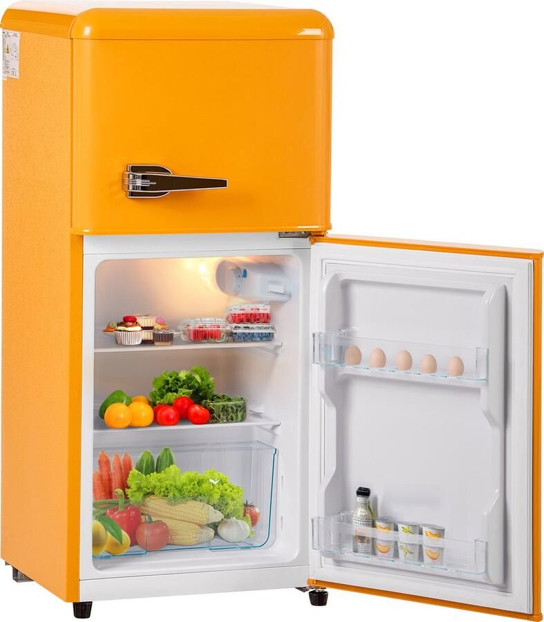 Sweiko Mini koelkast Koel-vriescombinatie Retro koelkast 86.8*45.5 cm dubbele deur Totaal volume van 60L Vrieskamer capaciteit van 22L 163 kWh jaar -27° C~13° C LED licht Geel Energieniveau F