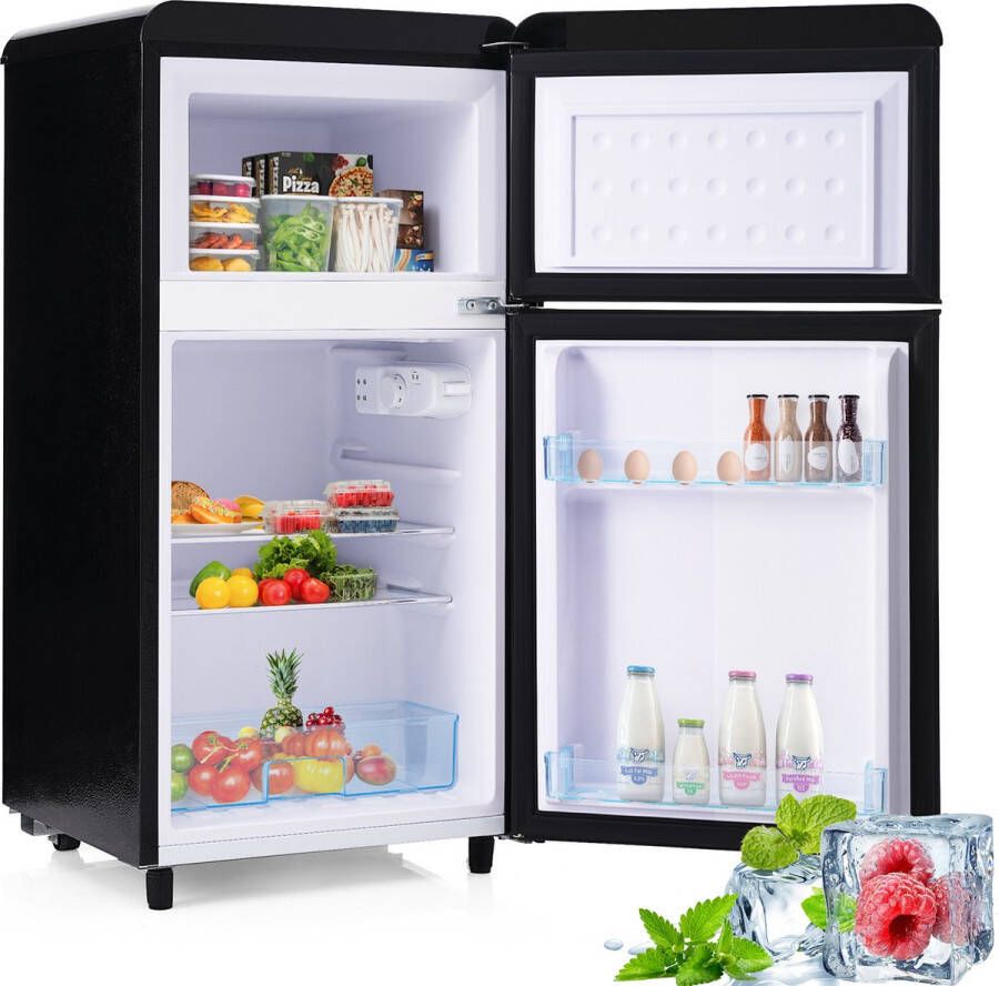 Sweiko Zwart Retro koelkast met dubbele deur 72-liter totaalvolume met 21-liter vriesvolume 120 kWh jaar LED-lamp [energieklasse E]