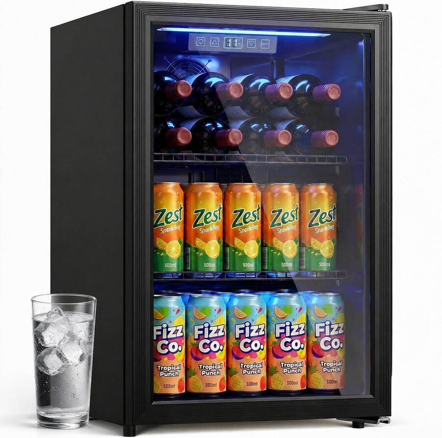 TEKROA Drankenkoelkast Mini Koelkast met Glazen Deur 70L voor 70 Blikjes Stille Verstelbare Planken Zwart