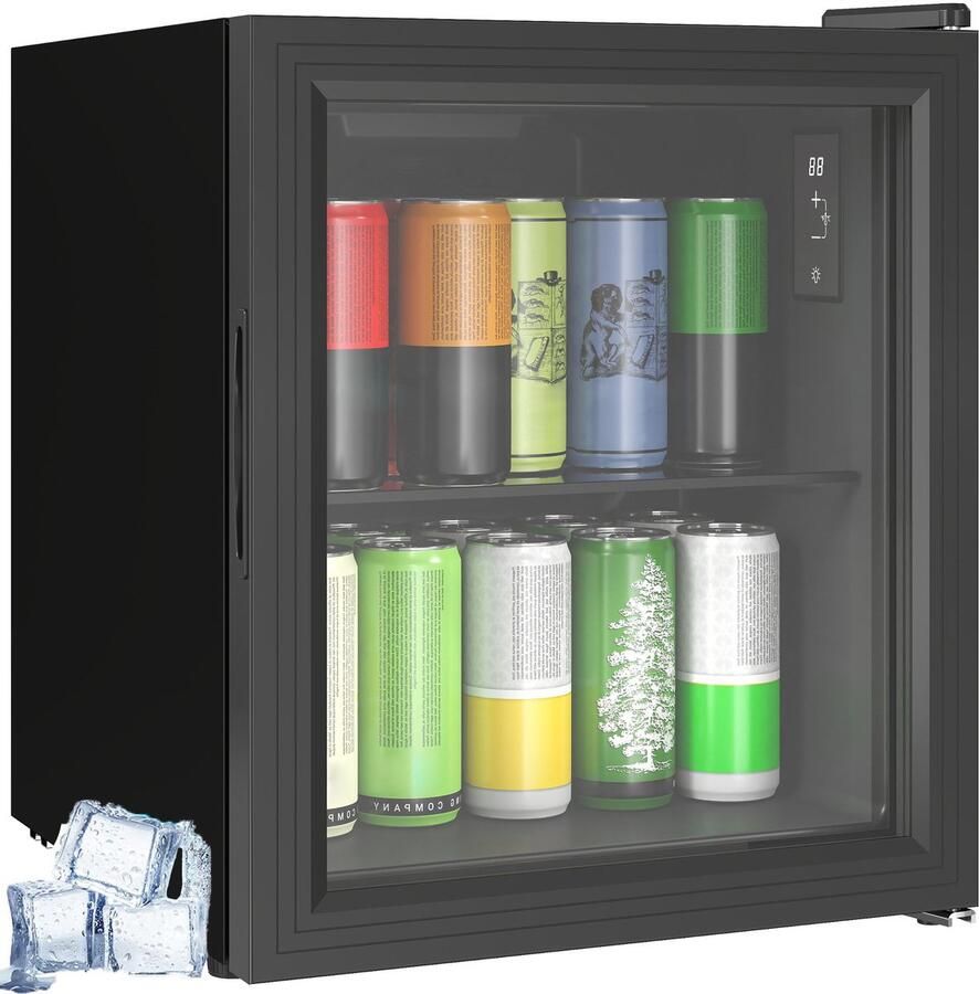 TEKROA Mini Koelkast met Glazen Deur Drankenkoelkast 46L (59 Blikjes) Vrijstaand Touchscreen 0-20°C LED Verlichting Stil (39dB) Zwart