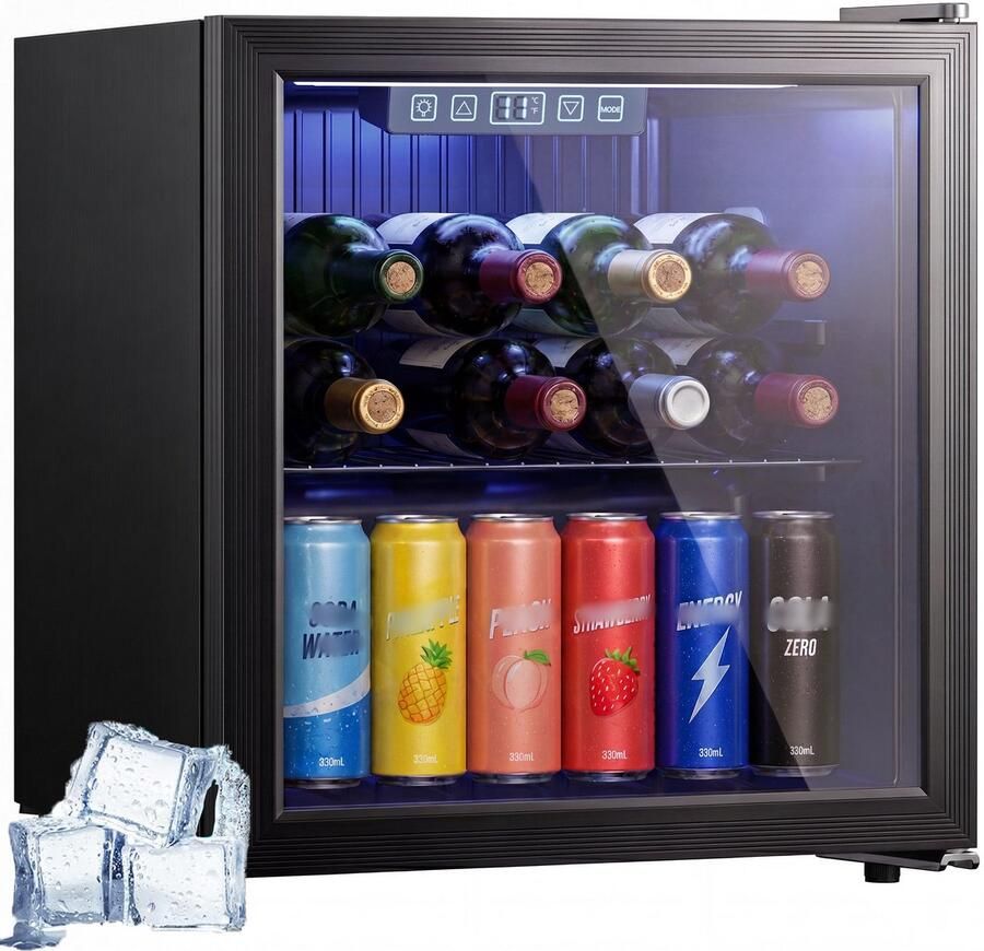 TEKROA Vrijstaande Drankenkoelkast 50L met Glazen Deur Mini Koelkast voor 48 Blikjes Bier & Wijn LED Verlichting & Verstelbare Planken Zwart