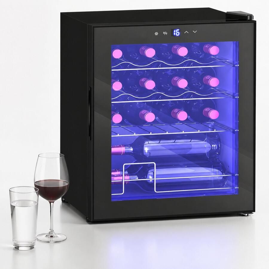 TEKROA Wijnklimaatkast Mini Koelkast -16 Flessen 42L Minibar met Glazen Deur & Instelbare Temperatuur (5-18°C) Zwart