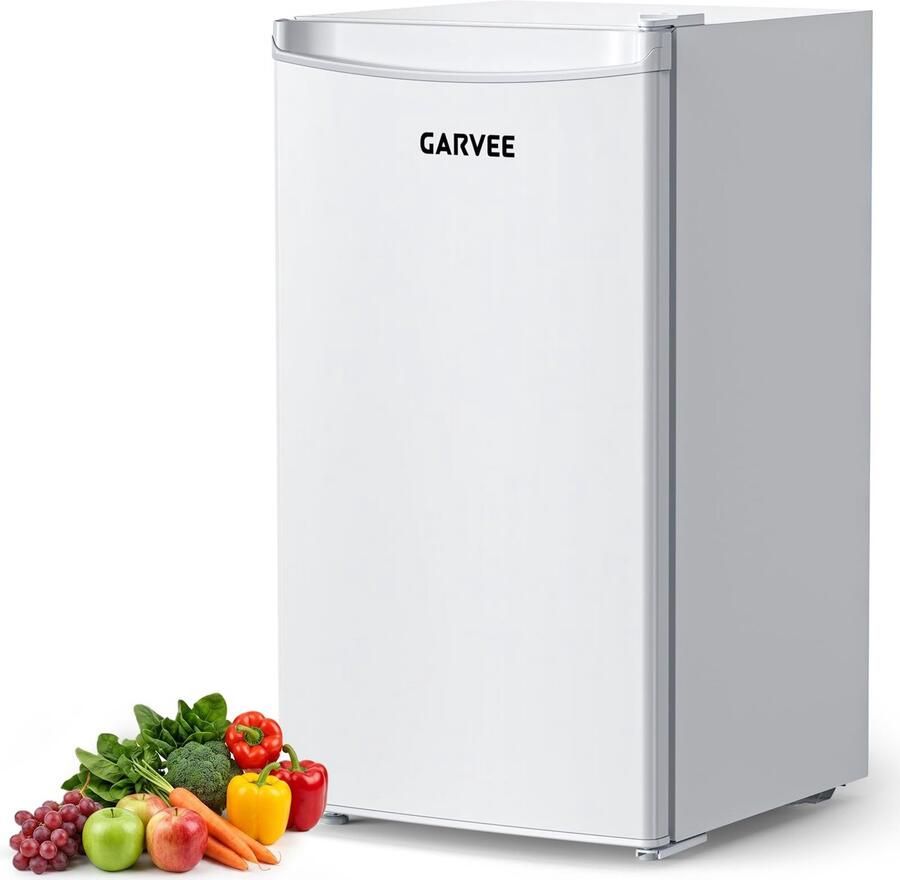 Garvee Triumpunpre Mini Koelkast 90L Wit Grote Drankkoelkast met Vriesvak Stille Minibar 41dB Energieklasse E 5 Temperatuurstanden 0-18°C Omkeerbare Deur Verstelbare Voet Compacte Vrijstaande Koelkast voor Kantoor en Slaapkamer