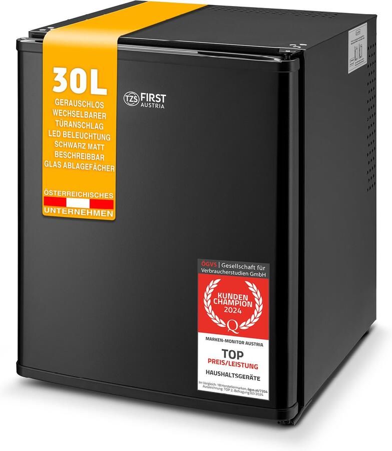 TZS FIRST AUSTRIA Mini koelkast Minibar 30 liter Vrijstaand Volledig stil 22dB Zwart