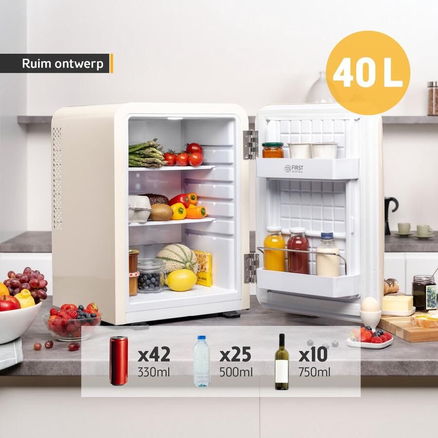 TZS FIRST AUSTRIA Mini koelkast Minibar 40 liter Vrijstaand Volledig stil 22dB Retro Crème
