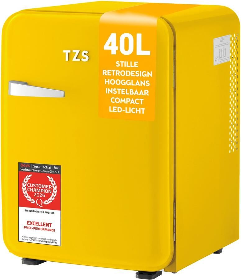 TZS FIRST AUSTRIA Mini koelkast Minibar 40 liter Vrijstaand Volledig stil 22dB Retro Geel