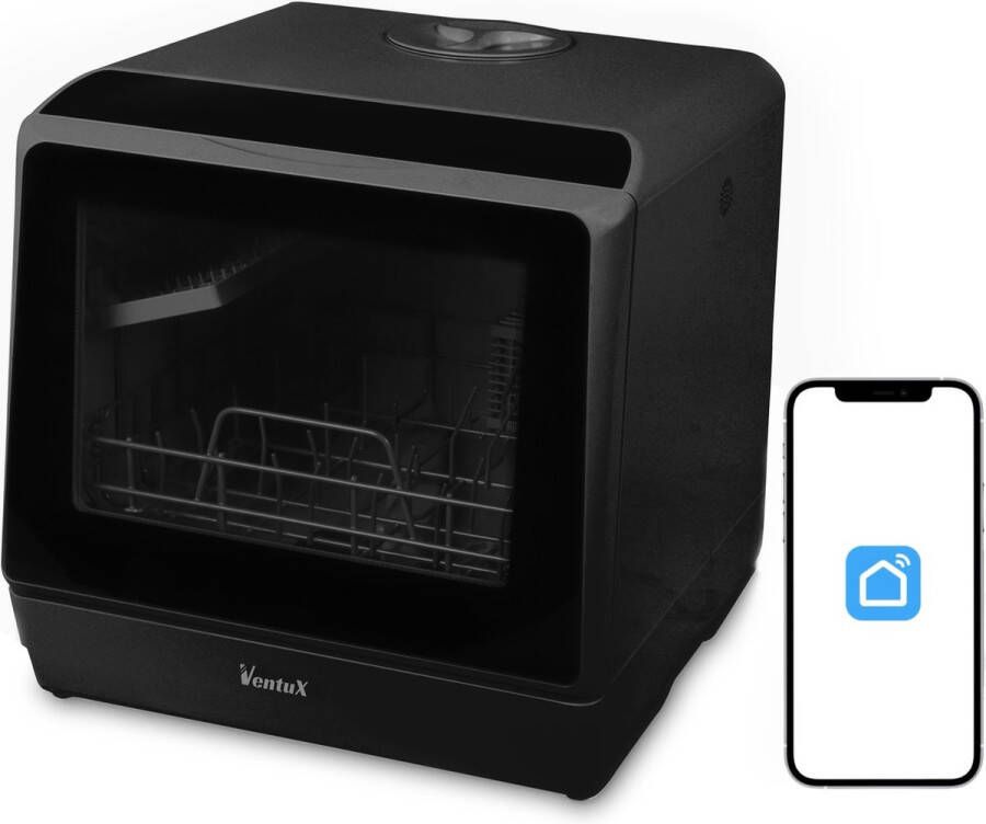 Ventux Mini Vaatwasser Incl. App – Afwasmachine – 5 Programma s – 900 Watt – 42 5 x 42 8 x 45 8 cm Zwart - Foto 1
