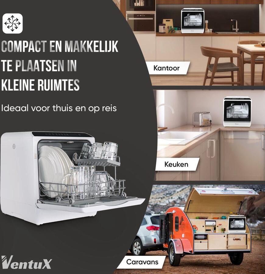 Ventux Mini Vaatwasser Incl. App – Afwasmachine – 5 Programma s – 900 Watt – 42 5 x 42 8 x 45 8 cm Wit