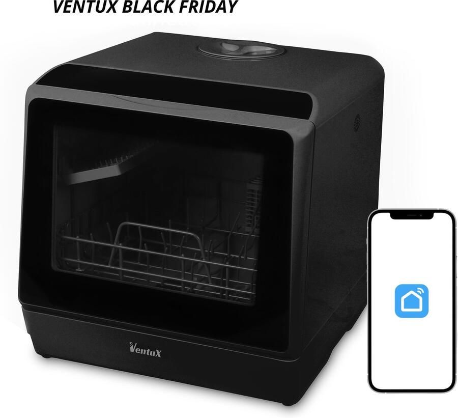 Ventux Mini Vaatwasser Incl. App – Afwasmachine – 5 Programma s – 900 Watt – 42 5 x 42 8 x 45 8 cm Zwart