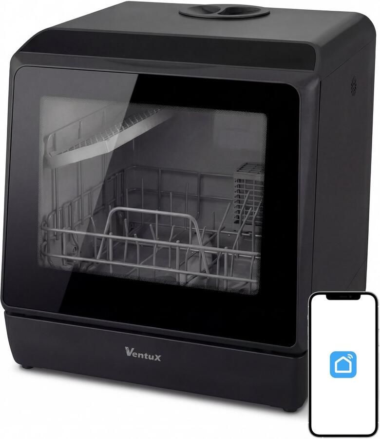 Ventux Mini Vaatwasser Incl. App – Afwasmachine – 5 Programma s – 900 Watt – 42 5 x 42 8 x 45 8 cm Zwart - Foto 3