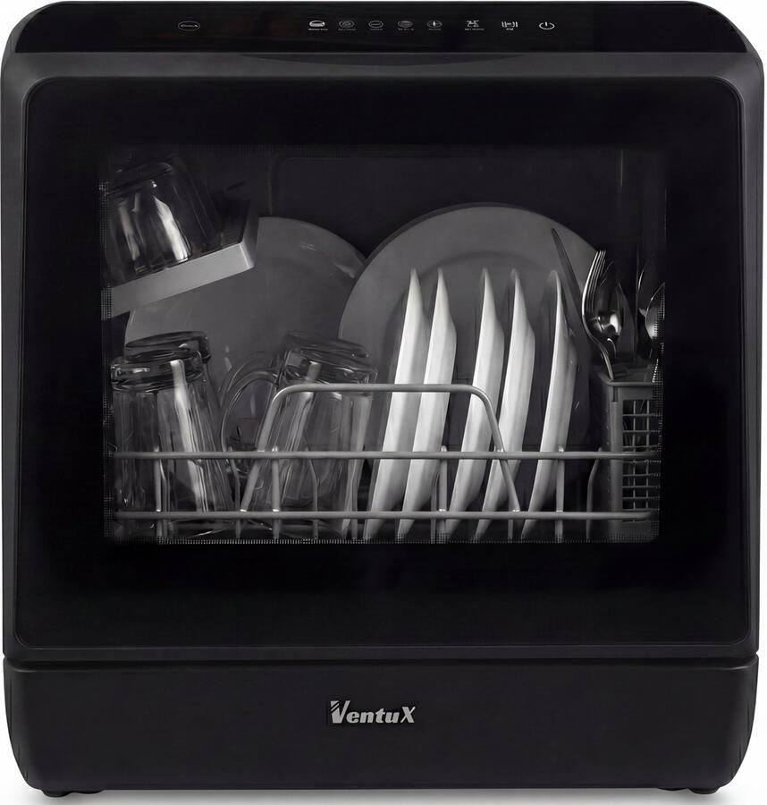 Ventux Mini Vaatwasser Incl. App – Afwasmachine – 5 Programma s – 900 Watt – 42 5 x 42 8 x 45 8 cm Zwart