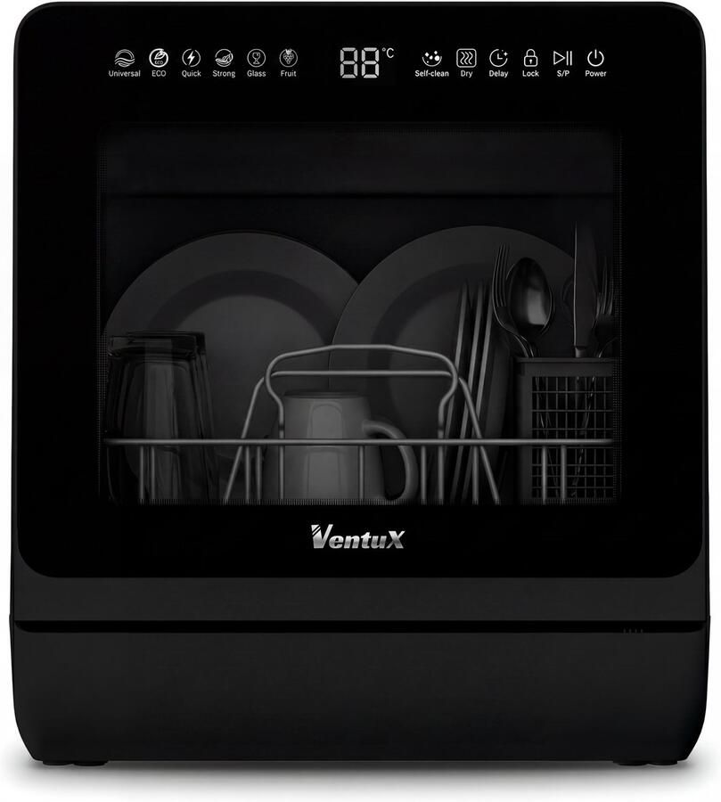 Ventux Mini Vaatwasser met Waterreservoir 4-6 Couverts 8 Programma's Kleine Smalle Vrijstaande Vaatwasser Mini Afwasmachine met UV-sterilisatie Camping Zwart - Foto 3
