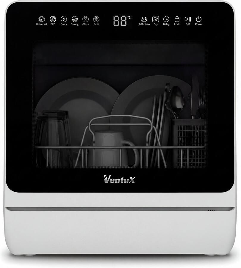 Ventux Mini Vaatwasser met Waterreservoir 4-6 Couverts 8 Programma's Vrijstaande Vaatwasser Mini Afwasmachine met UV-sterilisatie Camping Wit