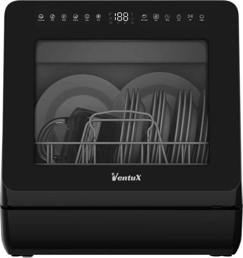Ventux Mini Vaatwasser met Waterreservoir 4-6 Couverts 8 Programma's Vrijstaande Vaatwasser Mini Afwasmachine met UV-sterilisatie Camping Zwart