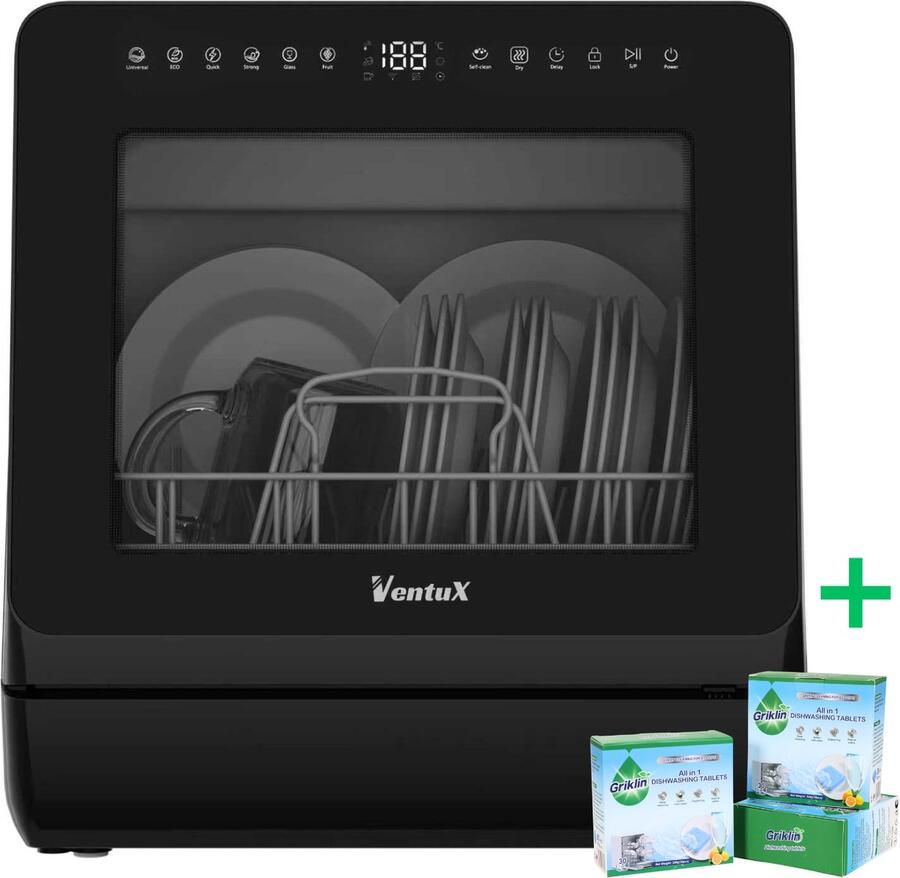 Ventux Mini Vaatwasser met Waterreservoir 4-6 Couverts 8 Programma's Kleine Smalle Vrijstaande Vaatwasser Mini Afwasmachine met UV-sterilisatie Camping Zwart - Foto 2