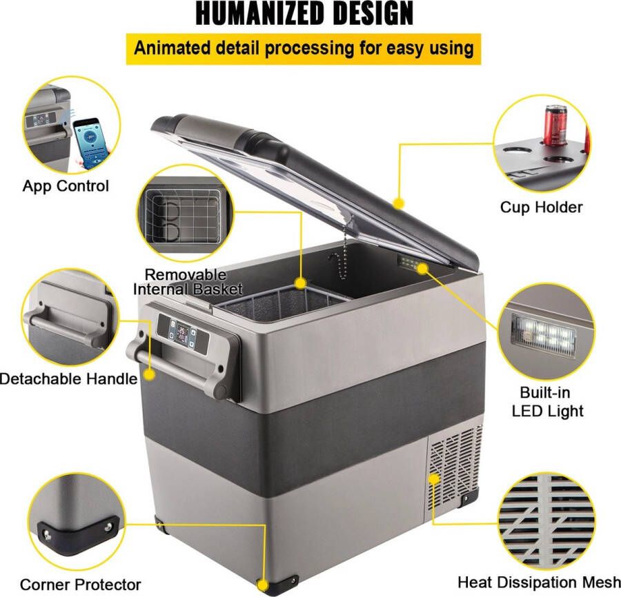 Vevor Auto Koelkast Compressor 45L Auto Mini Koelkast Mini Koelkast Tafelmodel Met Vriesvak Met Batterij Beschermingssysteem Voor Zowel Binnen Als Buiten Gelegenheden Boot Vrachtwagen Auto
