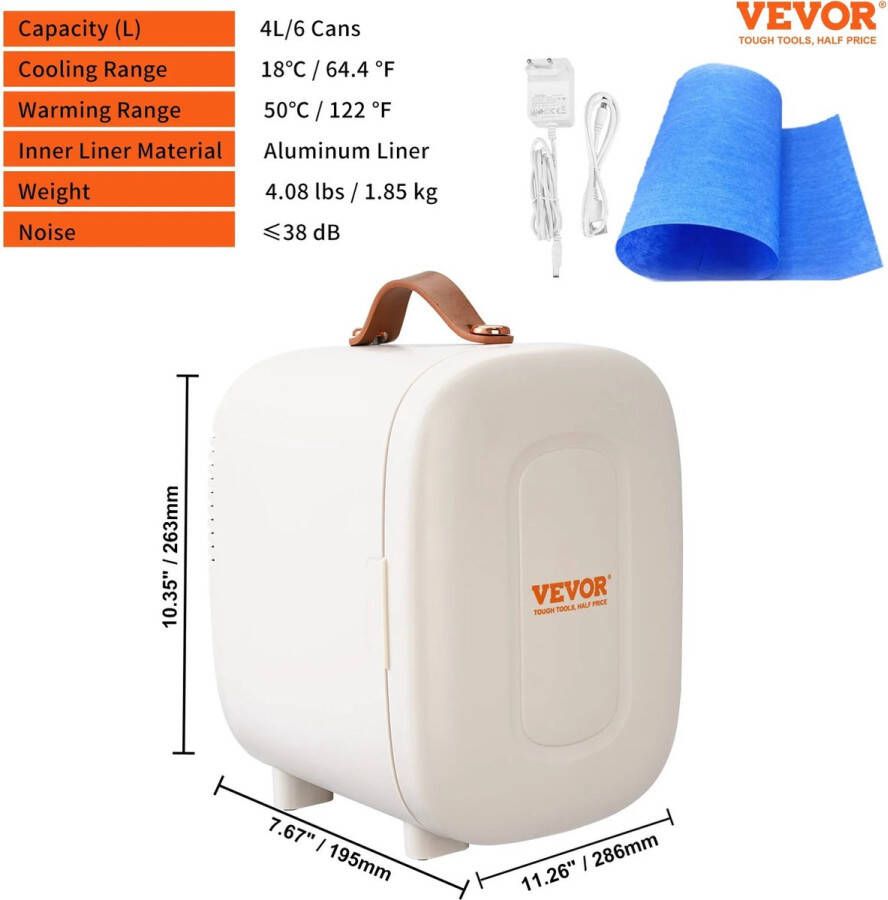 Vevor Minikoelkast 4L Koel- en Verwarmingsfunctie Compacte Minibar voor Cosmetica Frisdrank en Babymelk Draagbaar met Handvat Stil en Lichtgewicht Wit