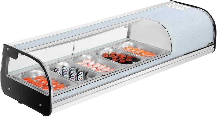 Vevor Sushi Display Case Refrigerator 52L Commercial Sushi Case 5-Pan Countertop Showcase with Curved Glass LED Lighting en Digitale Temperatuurregeling voor Sushi-Bar Counter Restaurant Store