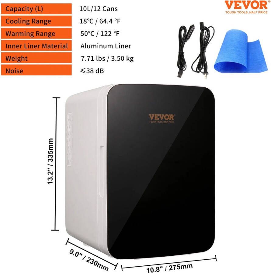 Wildor Mini Koelkast Koel Verwarm kast 2°C tot 50°C Vrijstaand 10 Liter 3 Schappen Compacte Drankkoelkast Praktisch (draagbaar) Zwart Frame 5 Standen Zwart 12Volt Auto Kamperen Outdoor Slaapkamer