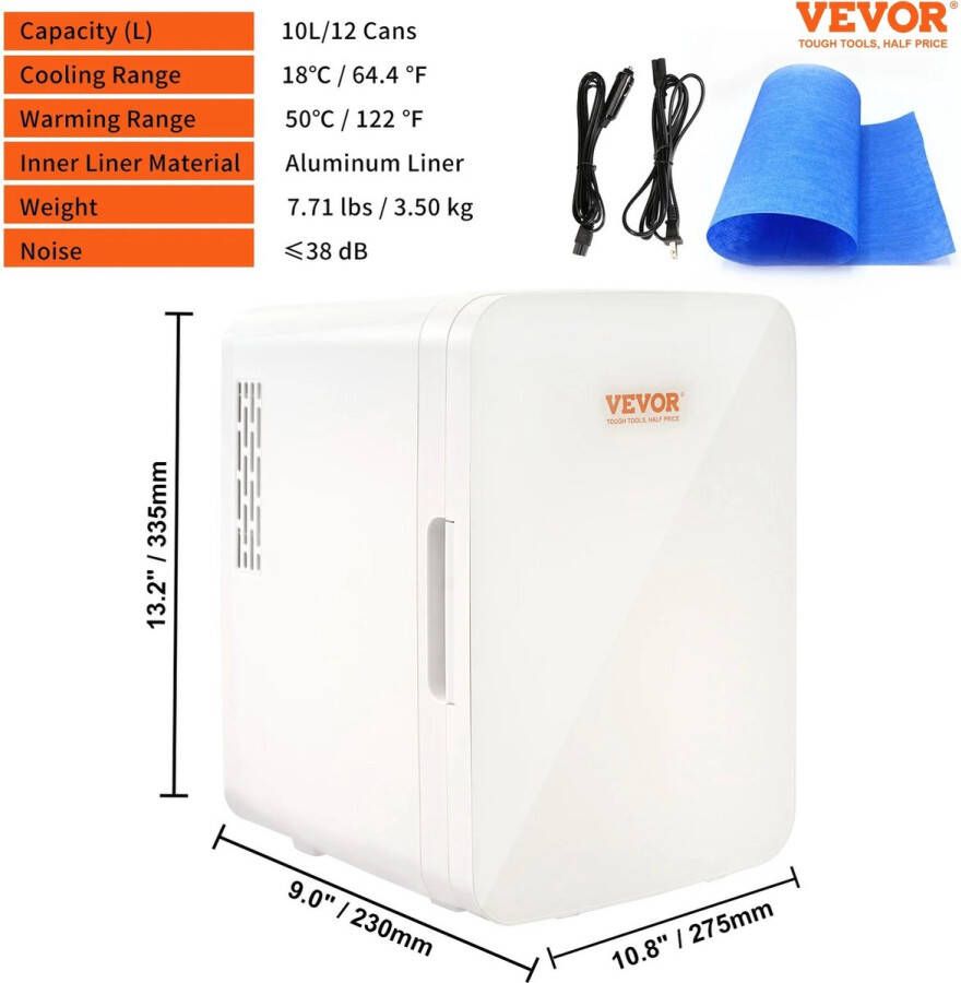 Wildor Mini Koelkast Koel Verwarm kast 2°C tot 50°C Vrijstaand 10 Liter 3 Schappen Compacte Drankkoelkast Praktisch (draagbaar) Wit Frame 5 Standen Wit 12Volt Auto Kamperen Outdoor Slaapkamer