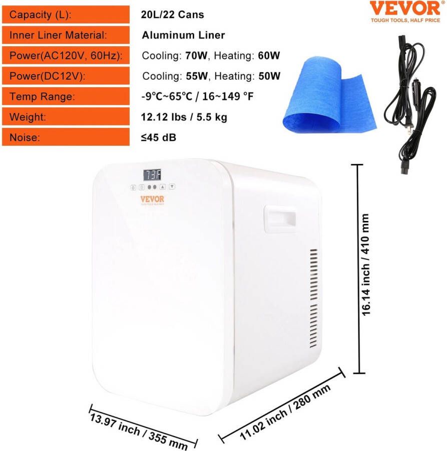 Wildor Mini Koelkast Koel Verwarm kast -9°C tot 65°C Vrijstaand 20 Liter 3 Schappen Compacte Drankkoelkast Praktisch (draagbaar) Wit Frame Wit 12Volt Auto Kamperen Outdoor Slaapkamer Stille koelkast