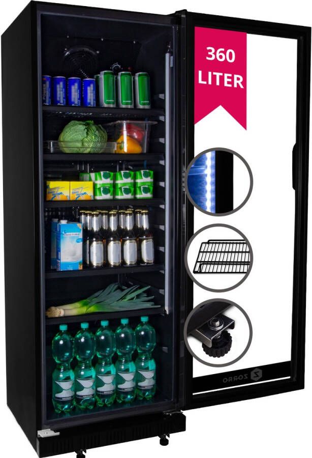 Zorro flessenkoelkast drankenkoelkast ZKB 360 zwart met glazen deur 360 liter professionele