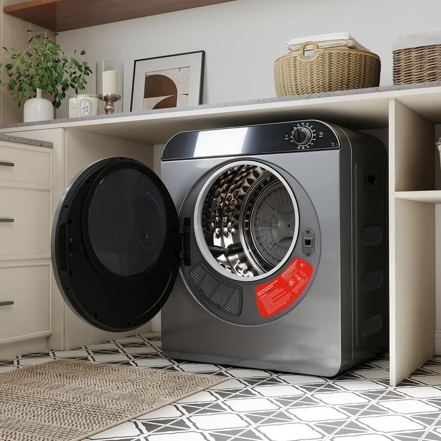 Zubaliya Trommeldroger Compacte Droger Met PTC Keramische Verwarming 4 Programma s (Incl. Koeleerfunctie) Wandmontage Of Stapelbaar 3kg Capaciteit Zilver