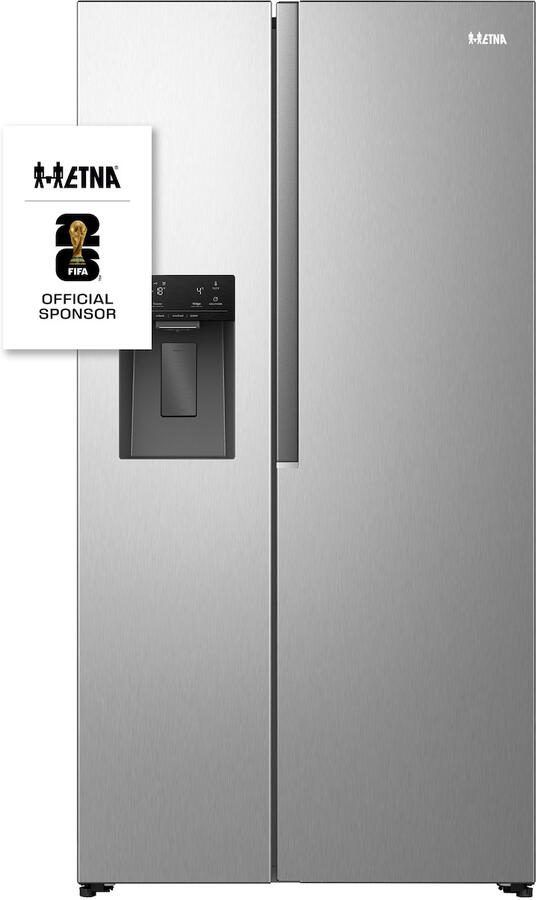 ETNA AKV6178IRVS Amerikaanse koelkast No-Frost 178 cm hoog 528 liter Energielabel C Invriesvermogen 10 kg 24u Geluidsniveau 37 dB LED Display IJs- en waterdispenser SuperCool FastFreeze Deuralarm Multi Airflow – EnergySaving