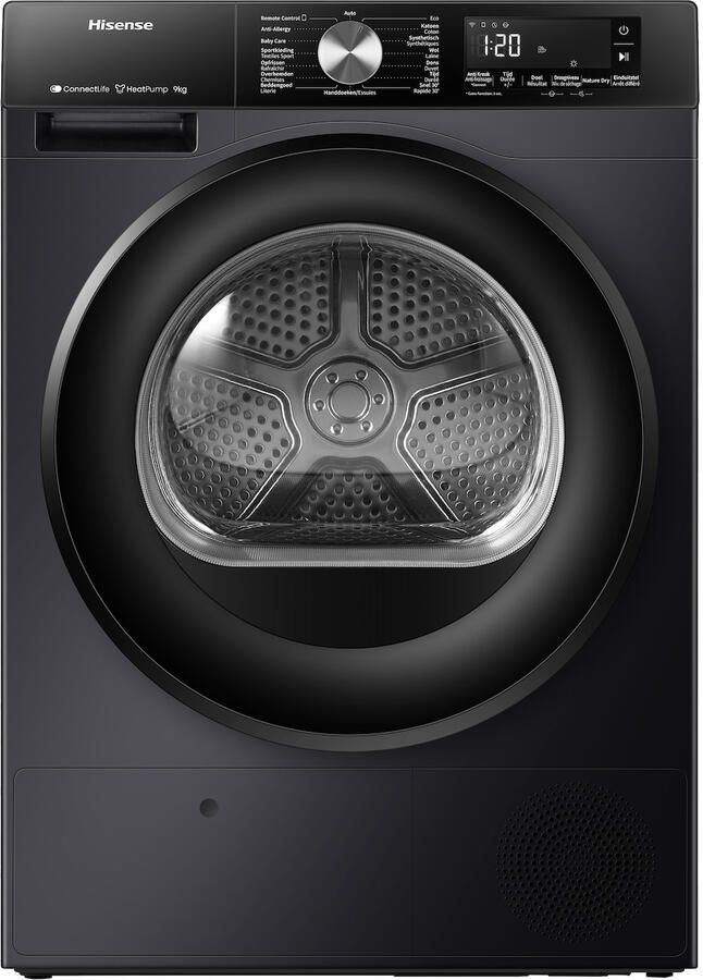 Hisense DH3S902BBCC Condensdroger 9 kg Vrijstaand Voorbelading Warmtepomp Zwart Draaiknop TouchControl 63 dB(A) Ion Refresh Allergy Care Auto Dry