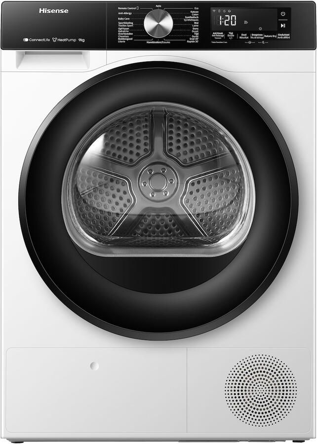 Hisense DH3S902BWCC Condensdroger 9 kg Vrijstaand Voorbelading Warmtepomp Wit Draaiknop TouchControl 63 dB(A) Ion Refresh Allergy Care Auto Dry