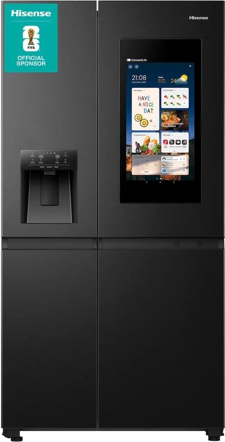 Hisense RS9P628GPFE Amerikaanse koelkast Energielabel E Vaste Wateraansluiting Water- & ijsdispenser Metal Tech Cooling No Frost Zwart Multi-Air Flow Super Cool Fast Freeze 38dB (A) Inverter Compressor 614 Liter