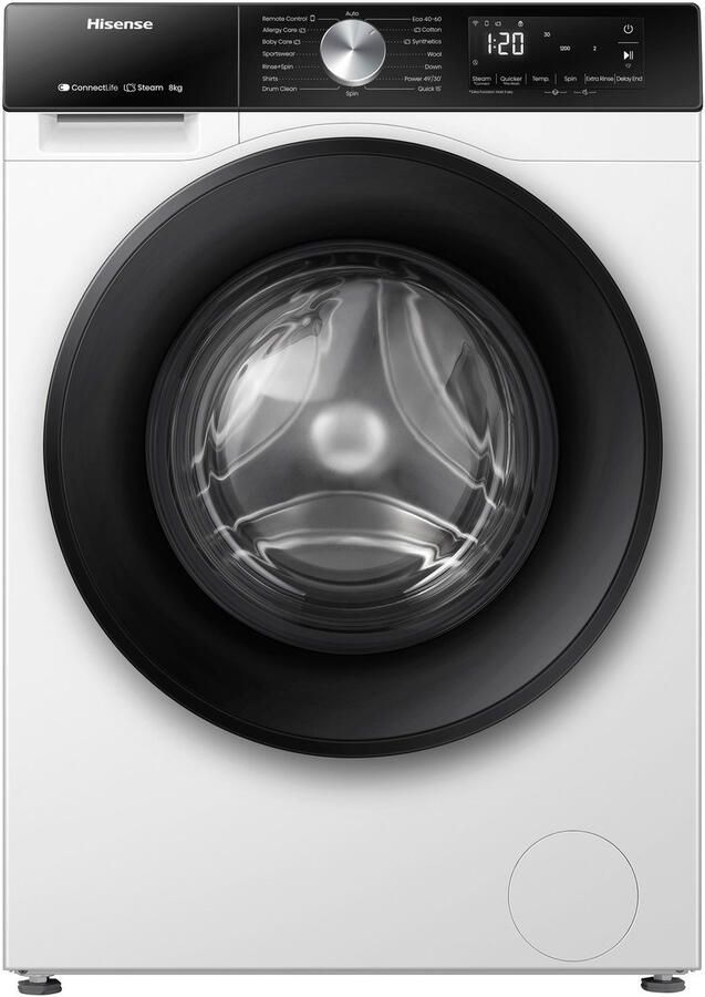 Hisense 3S Serie WF3S9043BW3 BLX Wasmachine met Energielabel A -30% 9kg 72dB (A) Steam Wash -1400 toeren Power Wash 49' ConnectLife Inhoud Trommel 60 Liter