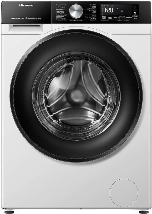 Hisense 3S Serie WF3S9045BW3 BLX Wasmachine met Energielabel A -30% 9kg Autodose 72dB (A) Steam Wash -1400 toeren Power Wash 49' ConnectLife Inhoud Trommel 60 Liter