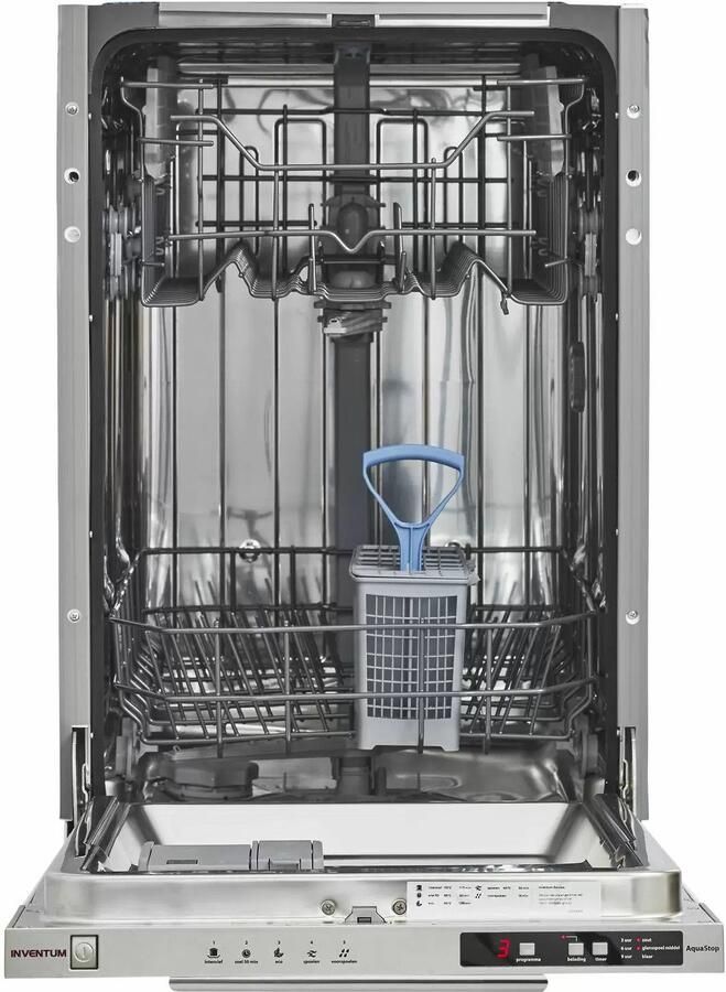 Inventum IVW4508A smalle inbouw vaatwasser 10 couverts Volledig integreerbaar 45 cm breed Bestekmand 6 programma s Max nishoogte 87 cm Startuitstel Energielabel D - Foto 1