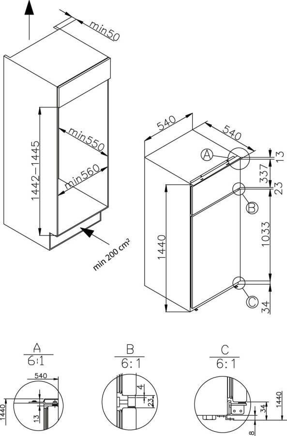 Amica Inbouw koel-vriescombinatie EDTS 374 900 144 cm x 54 cm Ledverlichting