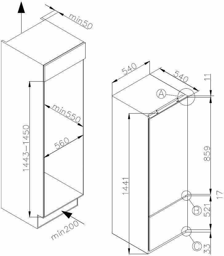 Amica Inbouw koel-vriescombinatie EKGC 16155 144 cm x 54 cm 144 cm hoog