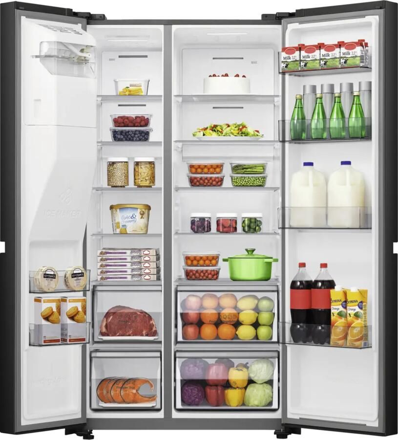 ETNA AKV879IZWA Amerikaanse koelkast Zwart 179 cm No-Frost MultiFlow 360° LED display en IJsdispenser voor ijsblokjes Flessenrek