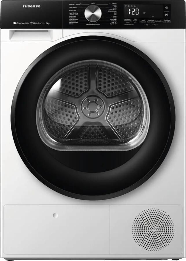 Hisense 3S Serie DH3S802BW2 Wasdroger met A++ Energielabel Warmtepompdroger 8kg ConnectLife Trommelverlichting AutoDry Allergy Care