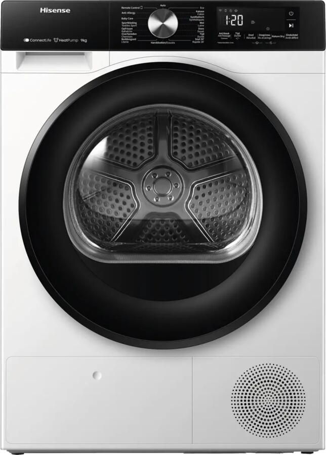 Hisense DH3S902BWCC Condensdroger 9 kg Vrijstaand Voorbelading Warmtepomp Wit Draaiknop TouchControl 63 dB(A) Ion Refresh Allergy Care Auto Dry