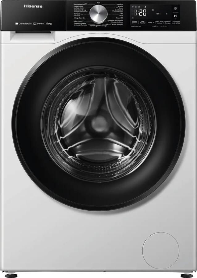 Hisense WD3S9043BW3 Was-droogcombinatie Energieklasse A (-30%) 9 kg wassen 6 kg drogen 1400 toeren Connectlife WiFi Stoomfunctie LED display Inverter motor Wit