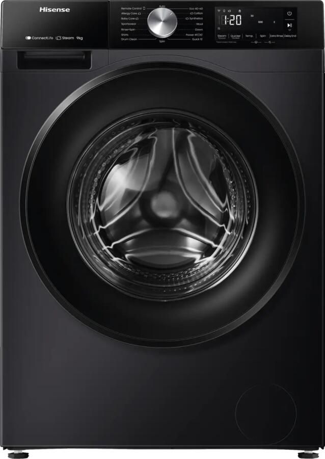 Hisense 3S Serie WF3S9043BB3 Zwarte Wasmachine met Energielabel A -30% 9kg 72dB (A) Steam Wash -1400 toeren Power Wash 49' ConnectLife Inhoud Trommel 60 Liter