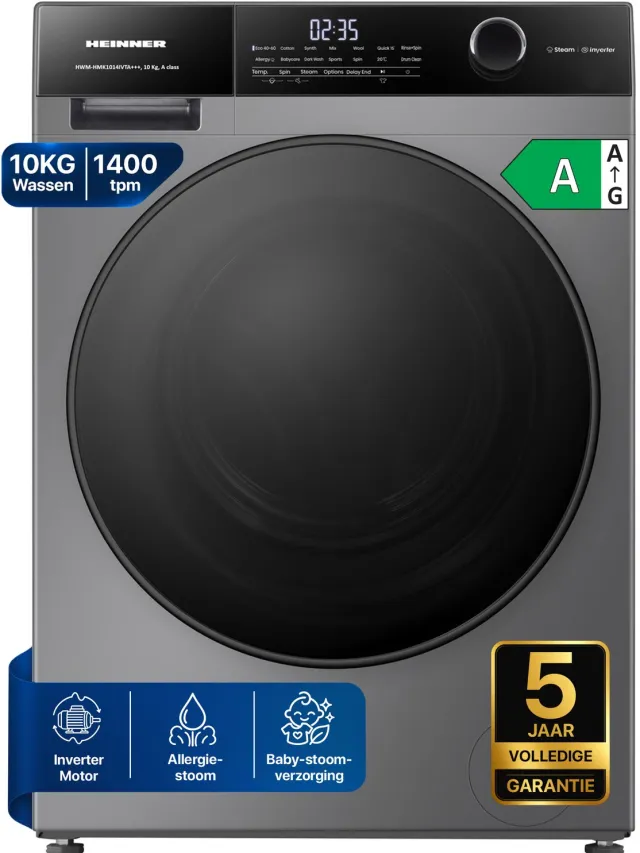 Heinner HWM-HMK1014IVTA+++ Wasmachine 10 kg – 1400 tpm – Inverter motor – Touchbediening – Allergievriendelijk – Energieklasse A – Titanium Grijs – 5 jaar garantie