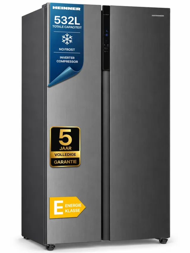 Heinner HSBS-HM532NFXE++ Amerikaanse Side-by-Side Koelkast 532 L – Full No Frost – LED Touch Display – Super Vriezen – Deur-open Alarm – RVS – 5 Jaar Garantie