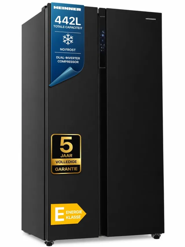 Heinner HSBS-H442NFBKE++ Amerikaanse Side-by-Side Koelkast – 442 L – Full No Frost – Deur-open Alarm – LED Touch Display – Smart Eco Functie – Zwart – 5 Jaar Garantie