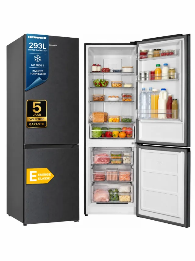 Heinner HCNF-HM293INVDGE++ Koel-vriescombinatie 293 L – No Frost – Inverter Compressor – Elektronische Bediening met Instelbare Thermostaat – Omkeerbare Deur – Antracietgrijs – 5 Jaar Garantie