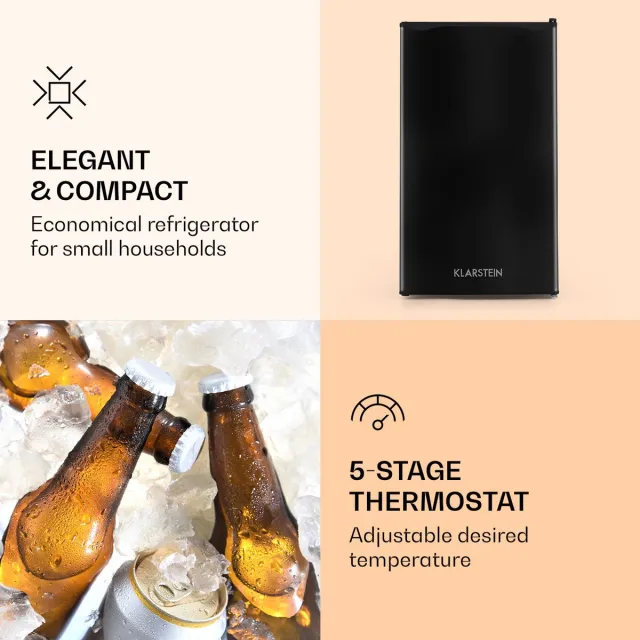 Klarstein Koelkast Zelfvoorzienend design Koelkast - volume: 91 Liter - 2 Niveaus - 5 Standen Thermostaat - IJsvak - Zwart - 90L - voor Keuken - Compact - Mini Fridge - Compact Koelkast - Kleine Koelkast - Vrijstaande Koelkast