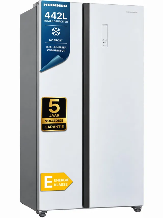 Heinner HSBS-H442NFGWHE++ Amerikaanse Side-by-Side Koelkast – 442 L – Full No Frost – Deur-open Alarm – LED Touch Display – Smart Eco Functie – Wit – 5 Jaar Garantie